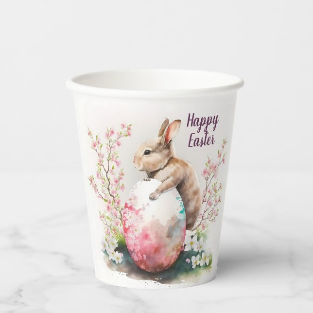 Easter Watercolor Rabbit Egg and Flowers -   Paper Cups (Front)