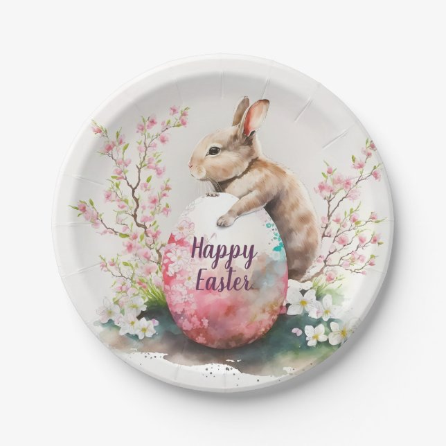Easter Watercolor Rabbit Egg and Flowers -   Paper Plates (Front)