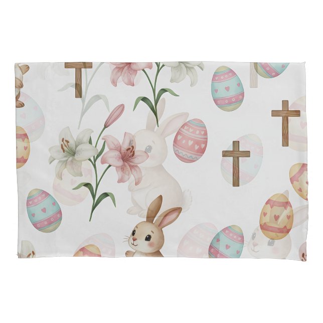 Easter Whimsy – Seamless Bunny & Lily Pattern Pillow Case (Front)