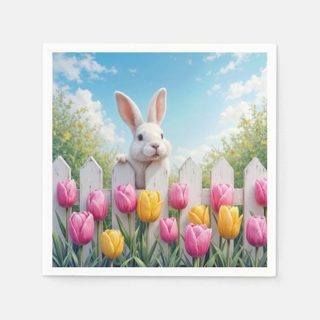 Easter White Bunny In a Tulip Garden Napkins (Front)
