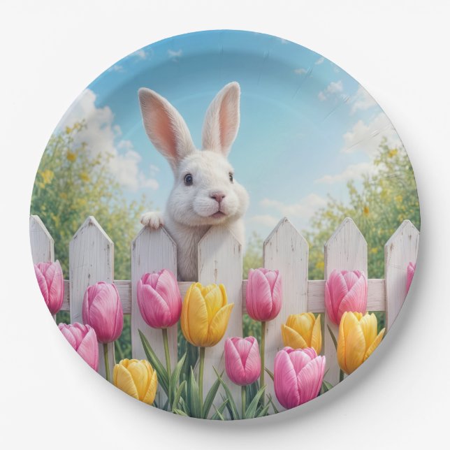 Easter White Bunny In a Tulip Garden Paper Plates (Front)
