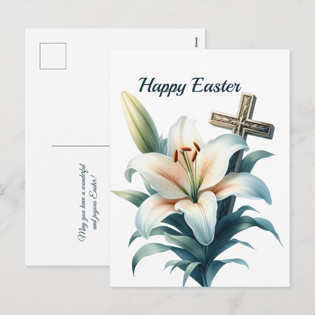 Easter White Lily Cross Illustration Holiday Postcard (Front/Back)