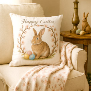 Easter Wild Rabbit with Cherry Blossom Wreath Throw Pillow