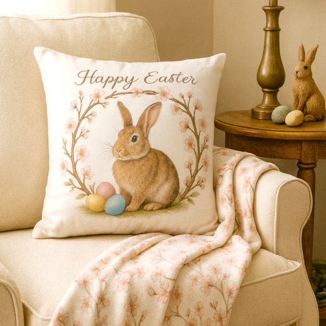 Easter Wild Rabbit with Cherry Blossom Wreath Throw Pillow (Happy Easter pillow with wild rabbit, cherry blossom wreath, and pastel eggs on white.)