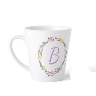 Easter Willow Wreath With Monogram And Pastel Eggs Latte Mug