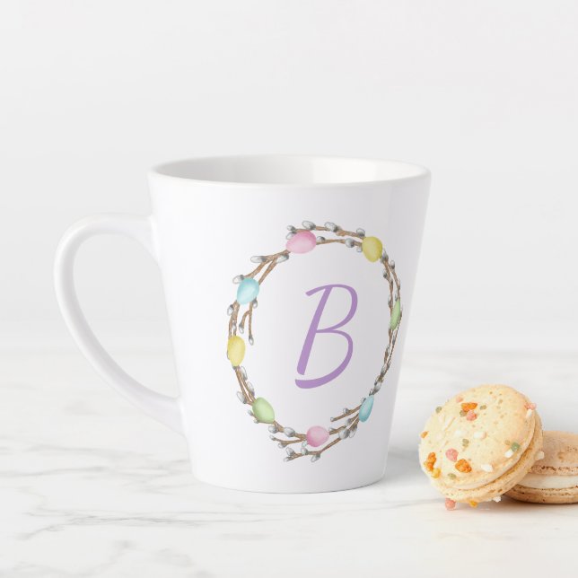 Easter Willow Wreath With Monogram And Pastel Eggs Latte Mug (In Situ)