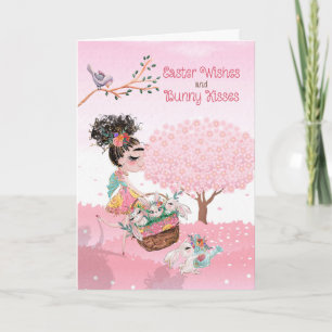 Easter Wishes Bunny Kisses Young Girl Holiday Card