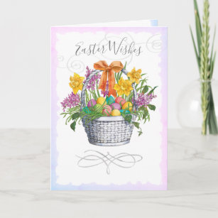 Easter Wishes Watercolor Floral Basket Eggs Holiday Card