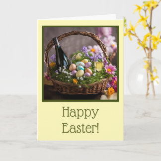 Easter with Basket Eggs Flowers and Wine Card