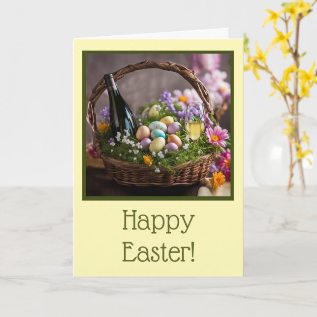 Easter with Basket Eggs Flowers and Wine  Card (Yellow Flower)