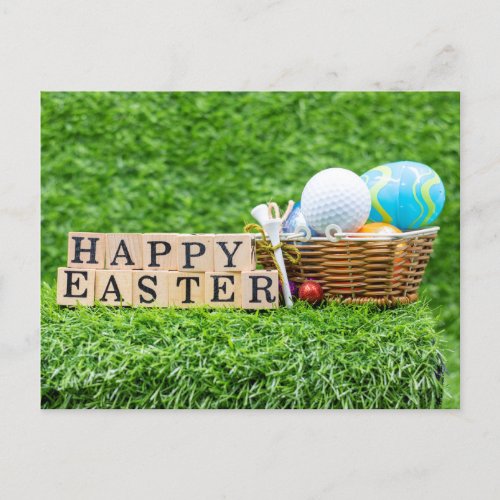  Easter with colorful eggs golf ball for golfer  Holiday Postcard