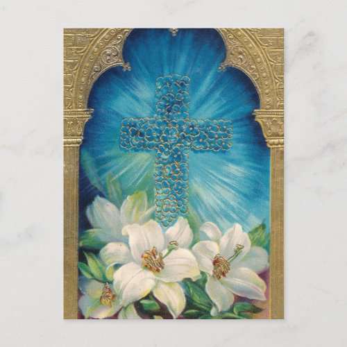 Easter With Cross and Lilies Holiday Postcard