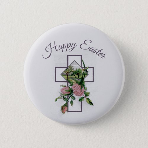 Easter with Vintage Cross and Flowers Button