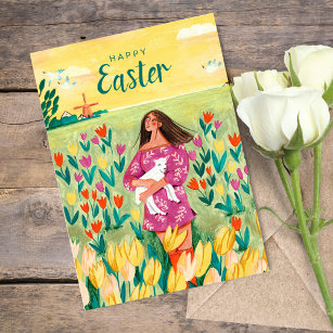 Easter woman & flowers holiday card