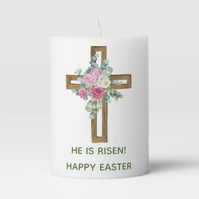Easter Wood Cross Pink Floral He is Risen Pillar Candle (Front)