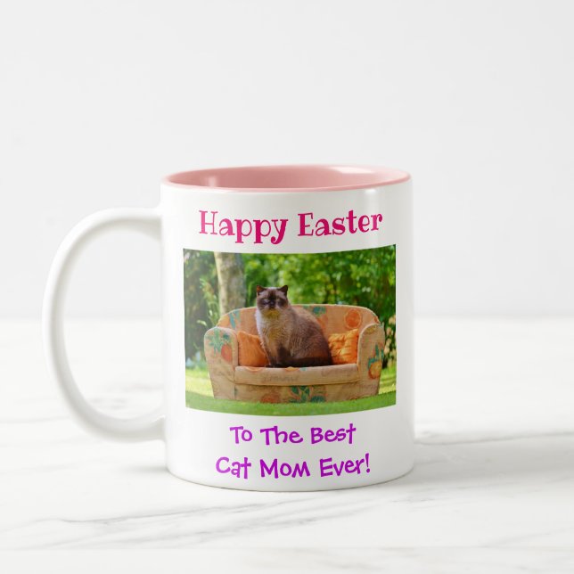 Easter World's Best Cat Mom Ever Pet Photo Two-Tone Coffee Mug (Left)