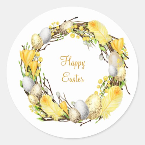 Easter Wreath with Eggs and Yellow Feathers Classic Round Sticker