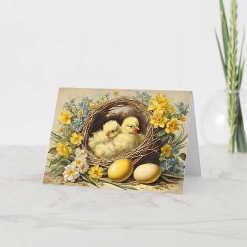 Easter Yellow Baby Chicks in a Basket and Flowers  Holiday Card