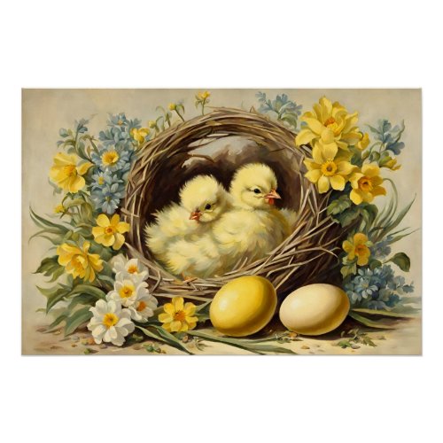 Easter Yellow Baby Chicks in a Basket and Flowers  Poster