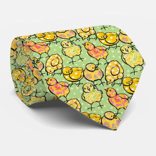 Easter Yellow Chicks on Green Pattern Neck Tie