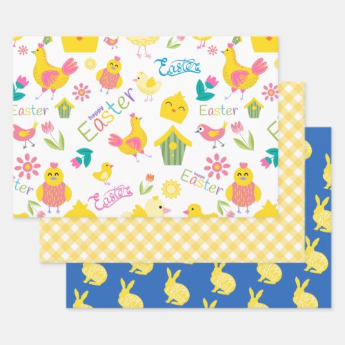 Easter Yellow Cute Chicks and Bunnies Wrapping Paper Sheets