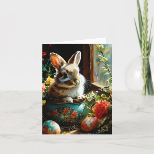 Easterbunny with painted eggs and flowers holiday card