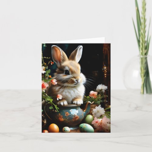 Easterbunny with painted eggs and flowers holiday card