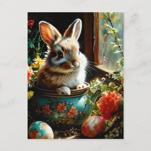 Easterbunny with painted eggs and flowers postcard