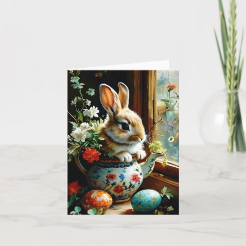 Easterbunny with painted eggs florals holiday card