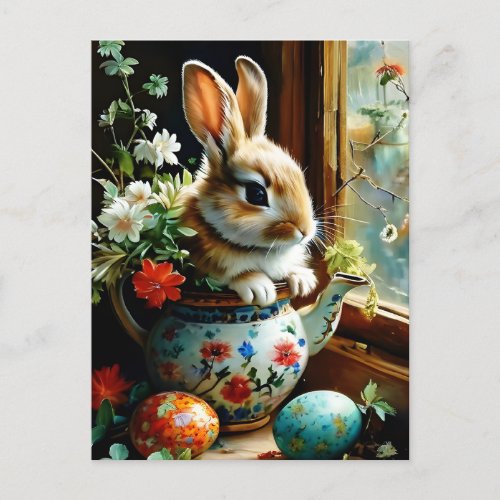 Easterbunny with painted eggs florals postcard