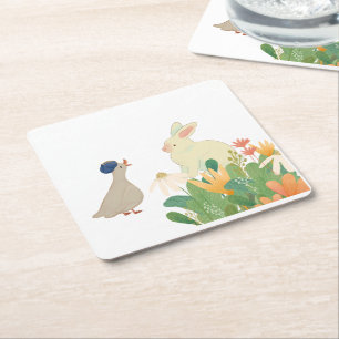 Easterday, ribbat and duck talking in natural,Cute Square Paper Coaster