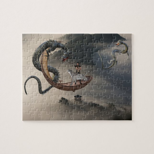 Eastern Asian Dragon Ninja Tiger Flying boats Jigsaw Puzzle (Horizontal)