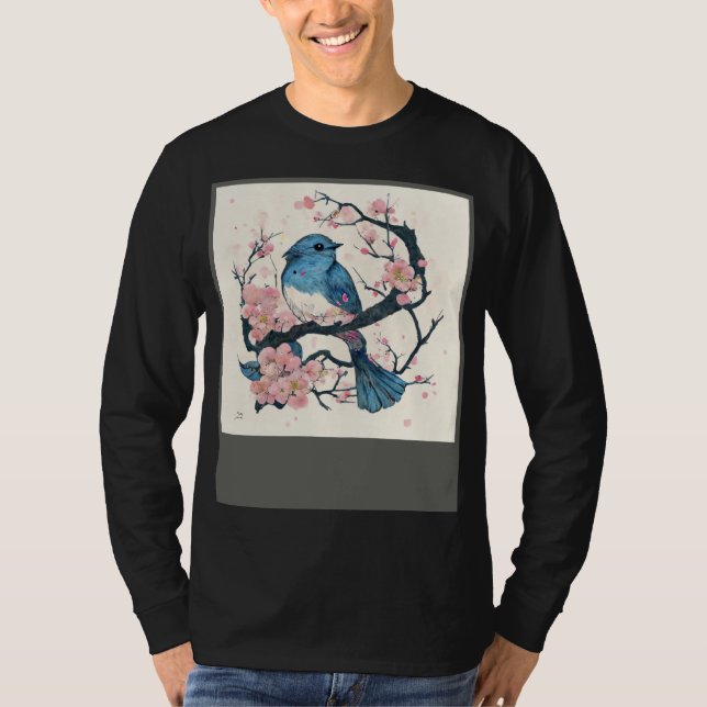 Eastern Blue Bird and Sakura Blossom Branch T-Shirt (Front)