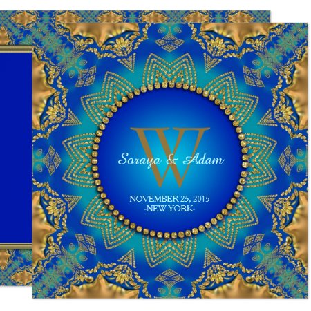 Eastern Blue Gold Satin Lace Monogram Invitation