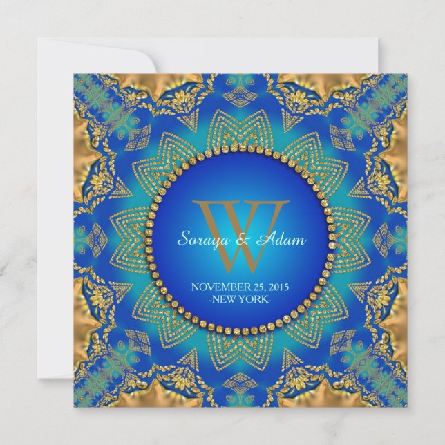 Eastern Blue Gold Satin Lace Monogram Invitation (Front)