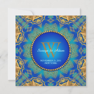 Eastern Blue Gold Satin Lace Monogram Invitation