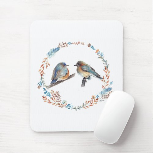  Eastern Bluebird Couple Floral Wreath Mouse Pad