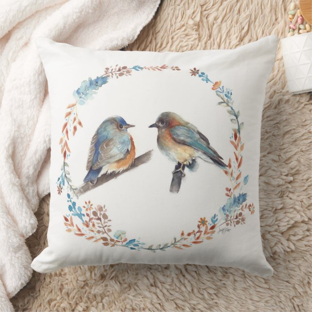 Eastern Bluebird Couple Floral Wreath Throw Pillow (Blanket)