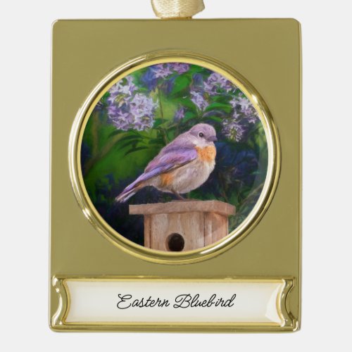 Eastern Bluebird in Snow _ Original Photograph Gold Plated Banner Ornament