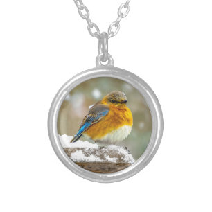 Eastern Bluebird in Snow - Original Photograph Silver Plated Necklace
