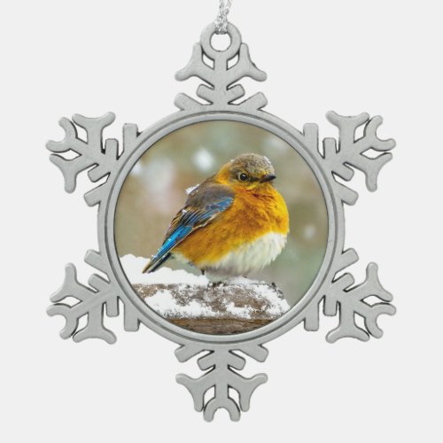 Eastern Bluebird in Snow _ Original Photograph Snowflake Pewter Christmas Ornament