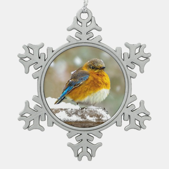 Eastern Bluebird in Snow - Original Photograph Snowflake Pewter Christmas Ornament (Front)