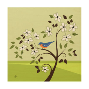 Eastern Bluebird On Flowering Tree Wood Wall Art