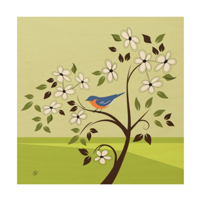 Eastern Bluebird On Flowering Tree Wood Wall Art (Front)