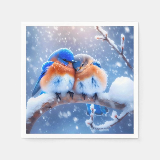 Eastern Bluebirds Snuggling On a Snowy Branch Napkins (Front)