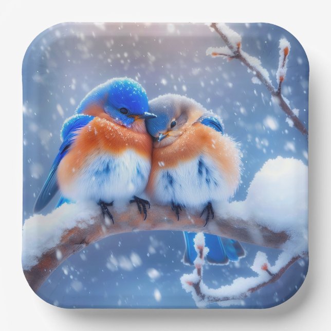 Eastern Bluebirds Snuggling On a Snowy Branch Paper Plates (Front)