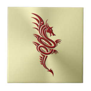 Eastern Crimson Dragon, Embossed-effect on Gold Ceramic Tile