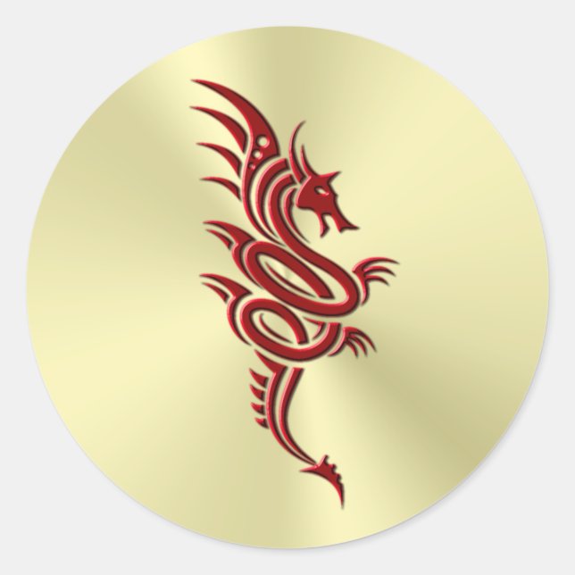 Eastern Crimson Dragon, Embossed-effect on Gold Classic Round Sticker (Front)