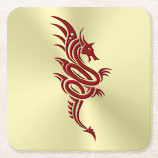 Eastern Crimson Dragon, Embossed-effect on Gold Square Paper Coaster