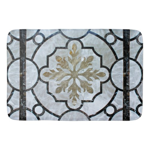 Eastern Floral Marble Pattern Greyish Blue  Gold Bathroom Mat